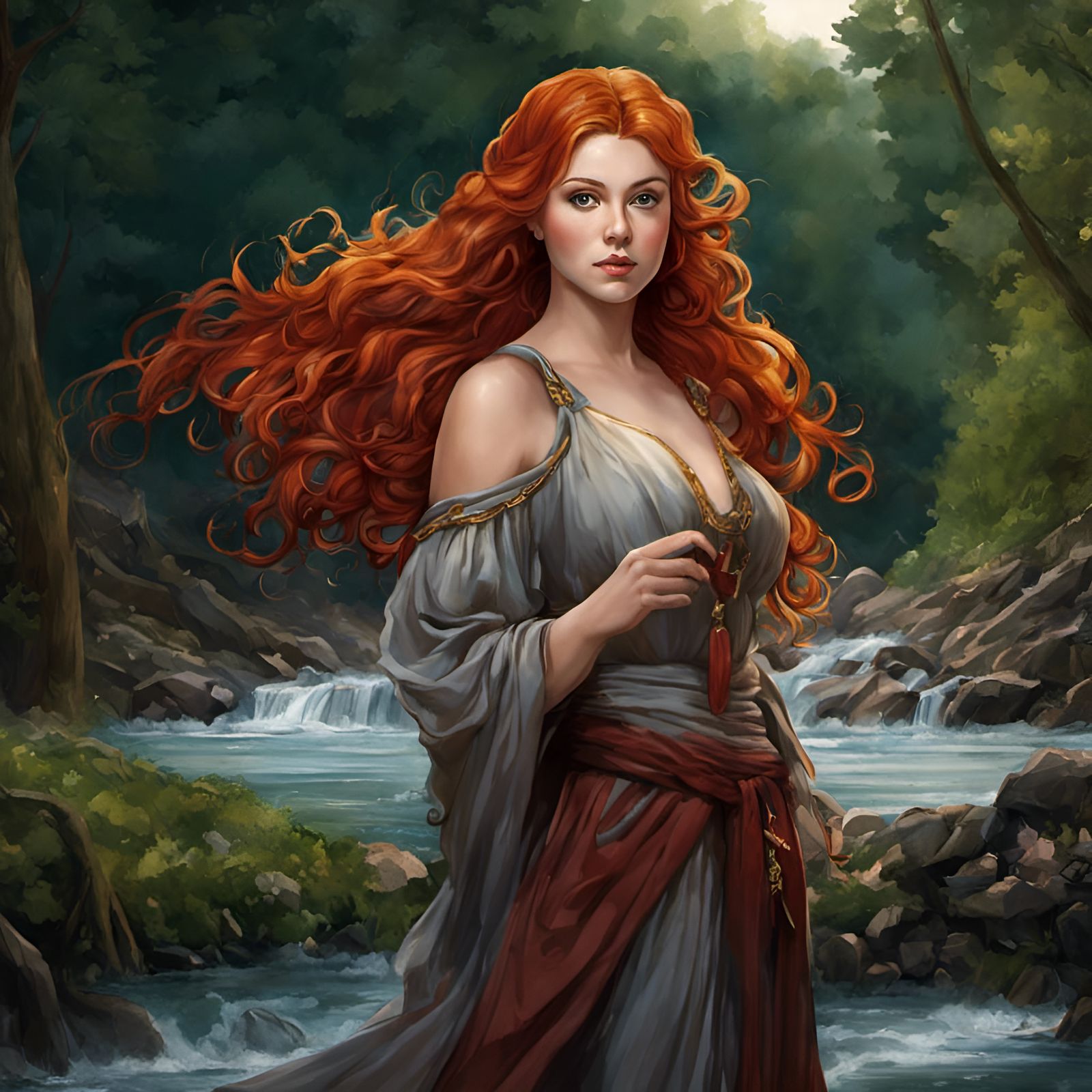 Curvy Goddess on Riverbank: Watercolor Painting