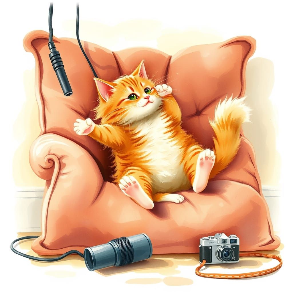 Fluffy Cat Lunges for Microphone in Watercolor Style