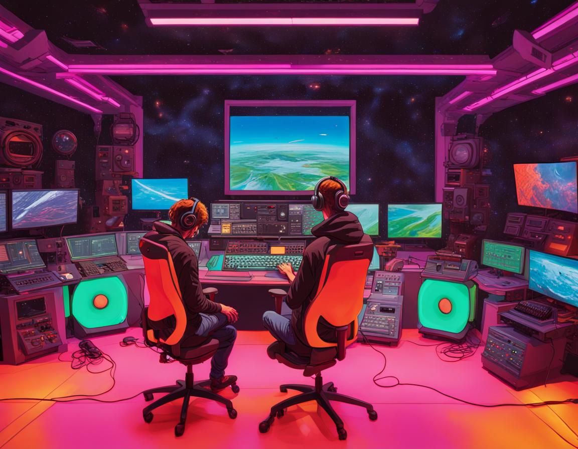 Gamer in Neon Chair Playing Space Simulation
