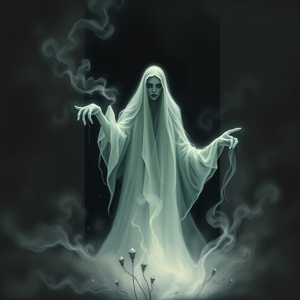 Ethereal Ghost Figure Emerges from Shadows