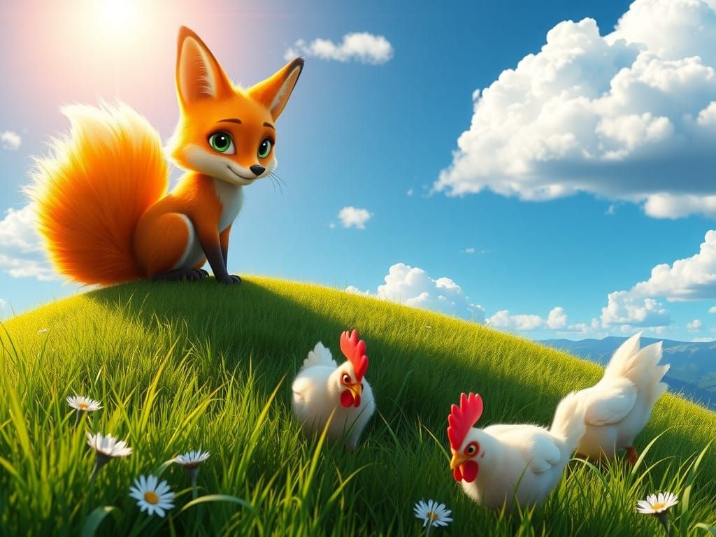 Vibrant Fox Surveys Lush Meadow with Curious Chickens