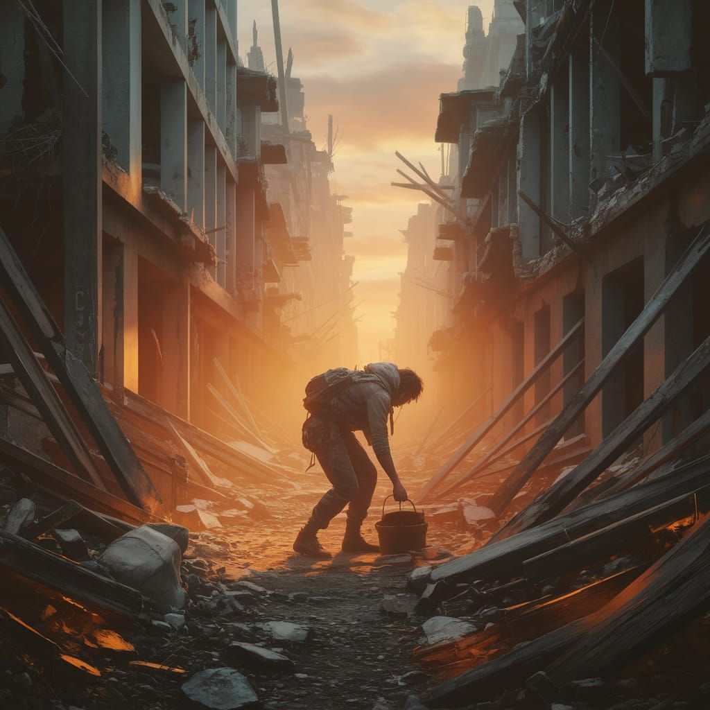 Post-Apocalyptic Survivor Scavenging in Ruined City