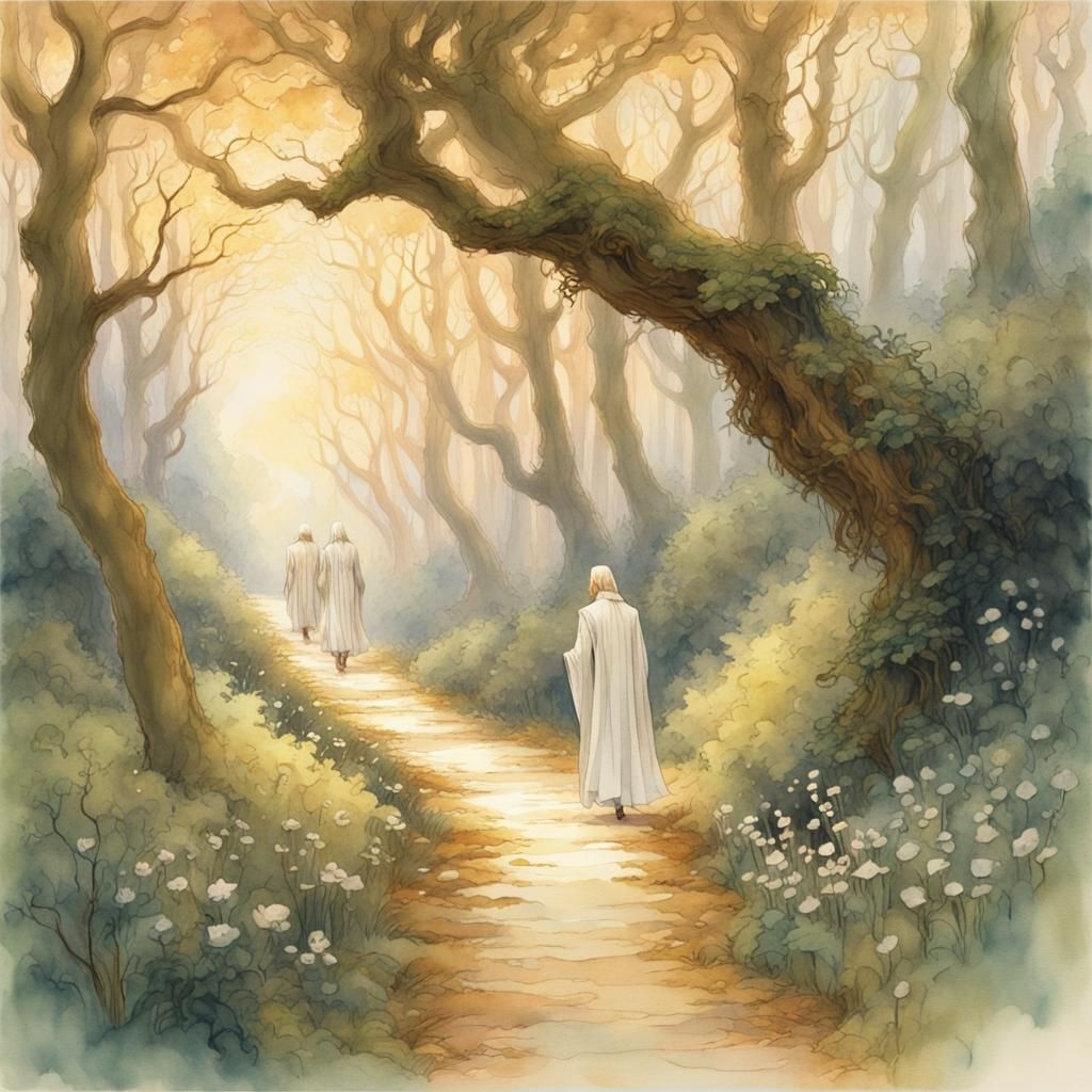 Ethereal Elves on Forest Path Watercolor Illustration