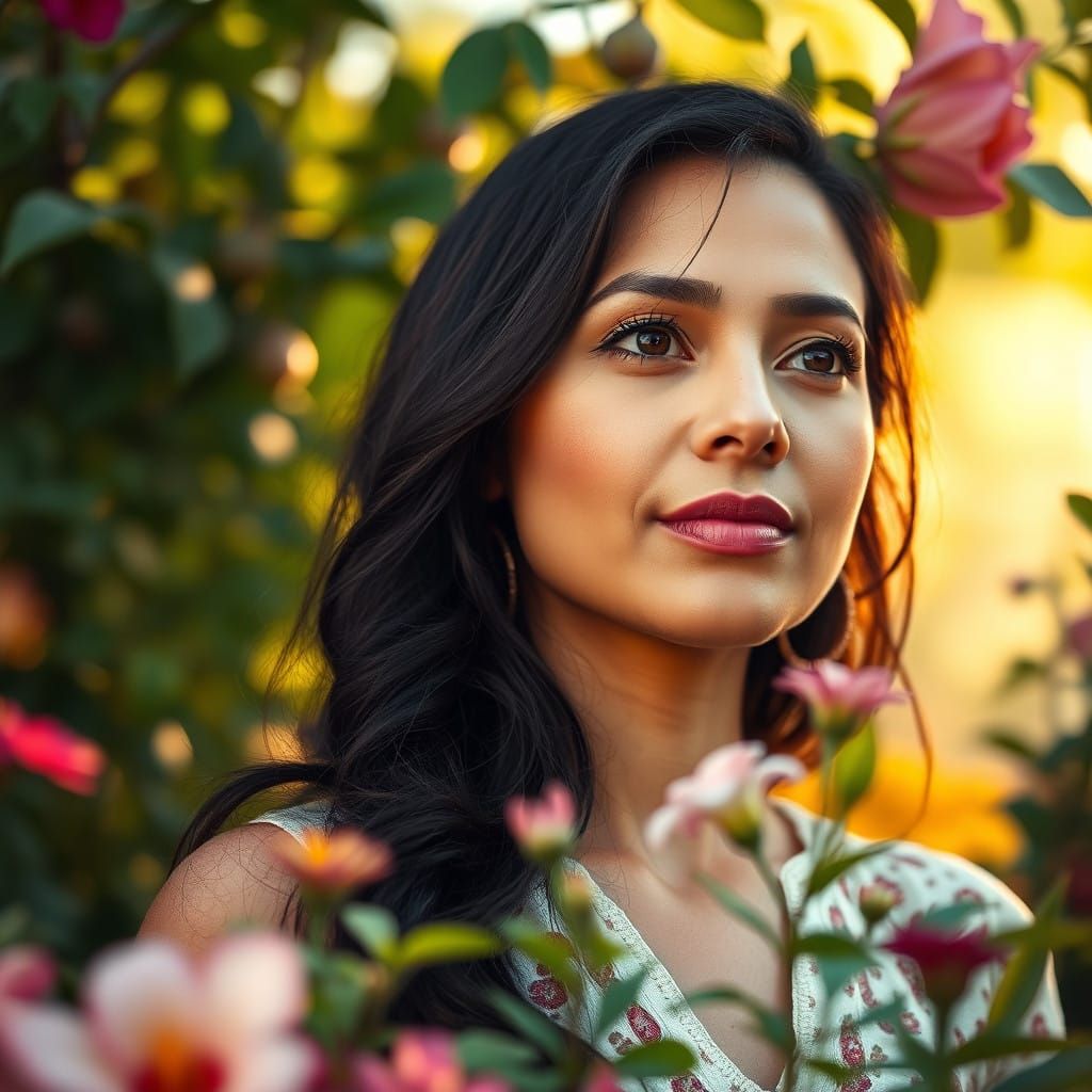 A Contemplative Goddess Emerging from Nature's Embrace