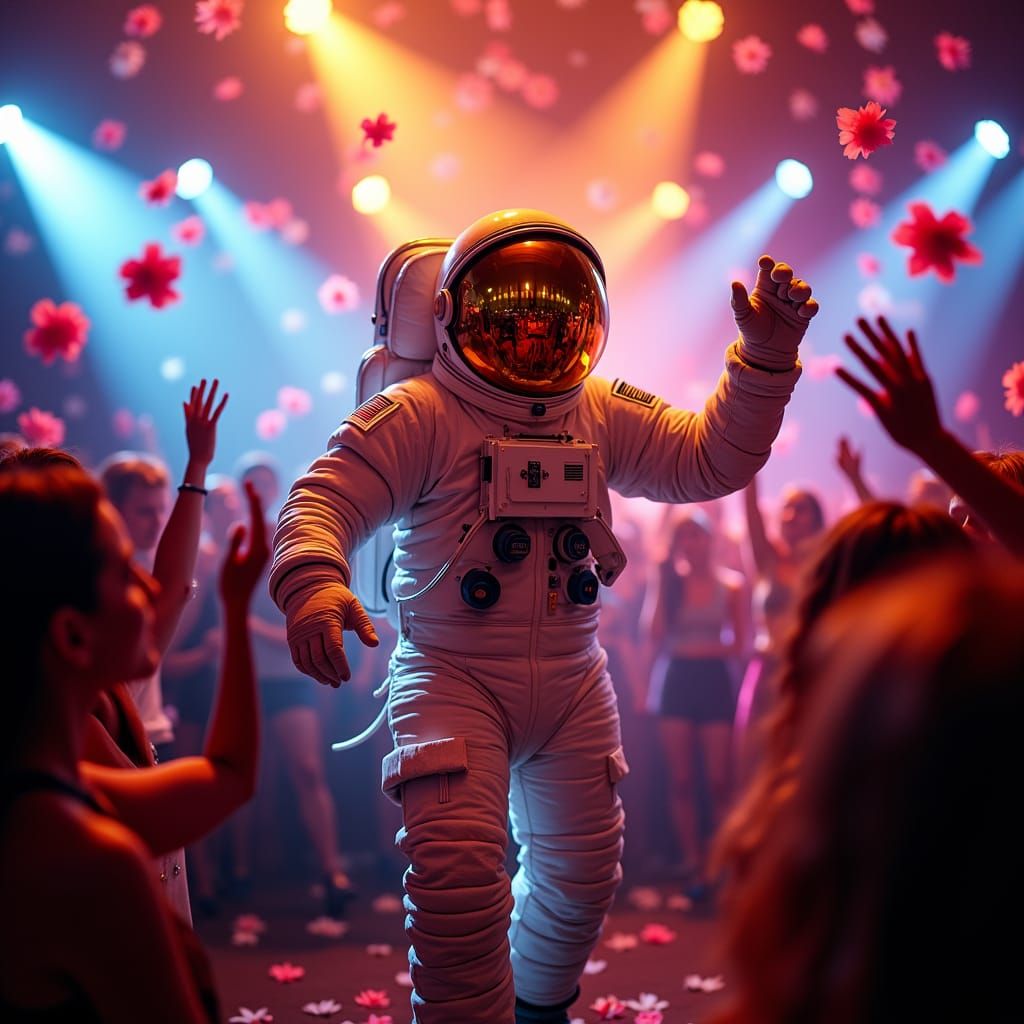 Astronaut Disco Dance with Cheering Crowd
