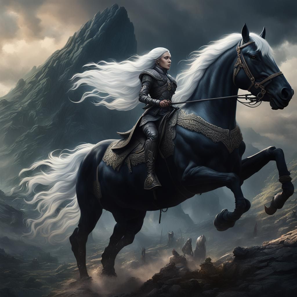 White-Haired Woman on Black Stallion: Fantasy Art