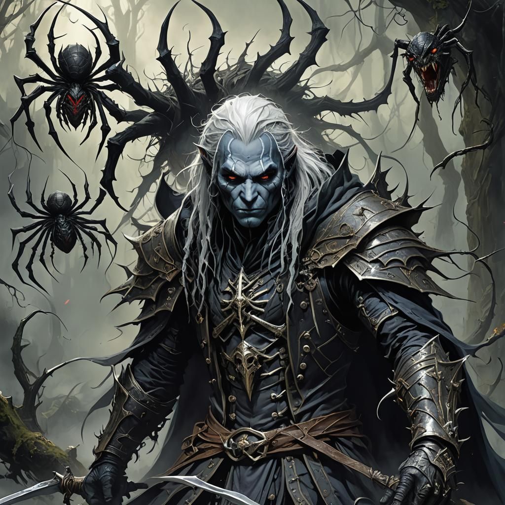 Eerie Drow Wizard and Spider Queen in Dark Fantasy
