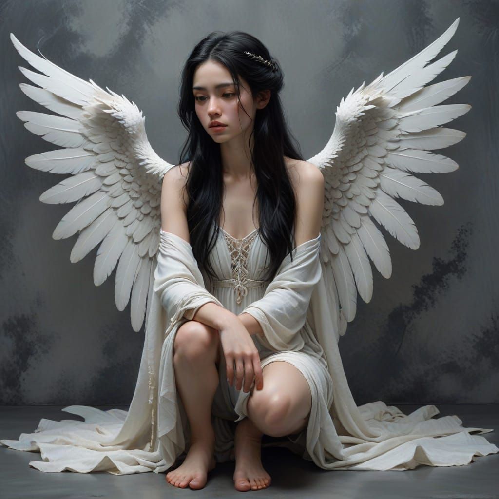 Angelic Girl with Black Hair and Wings