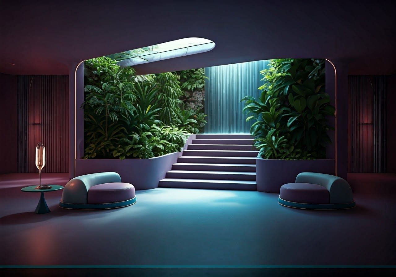 Space Age Living Room with Waterfall in Retro-Futurist Style