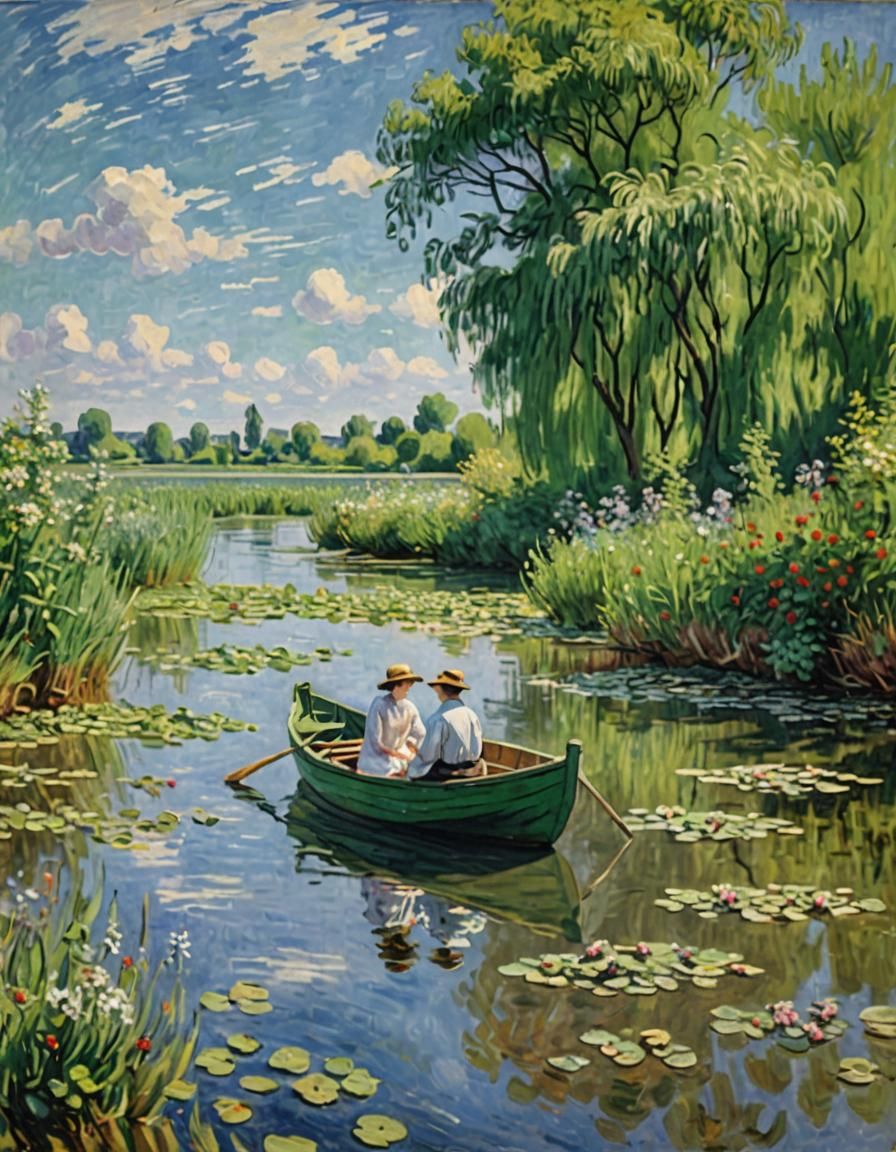 Lovers in Rowboat on River in Impressionist Style