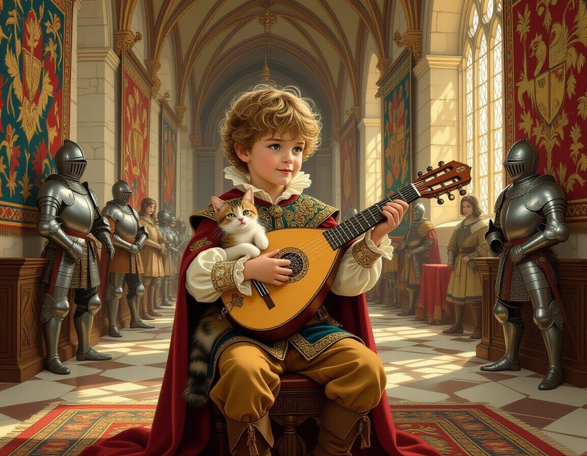 Boy Plays Lute in Castle Hall as Nostalgic Pin-Up Art
