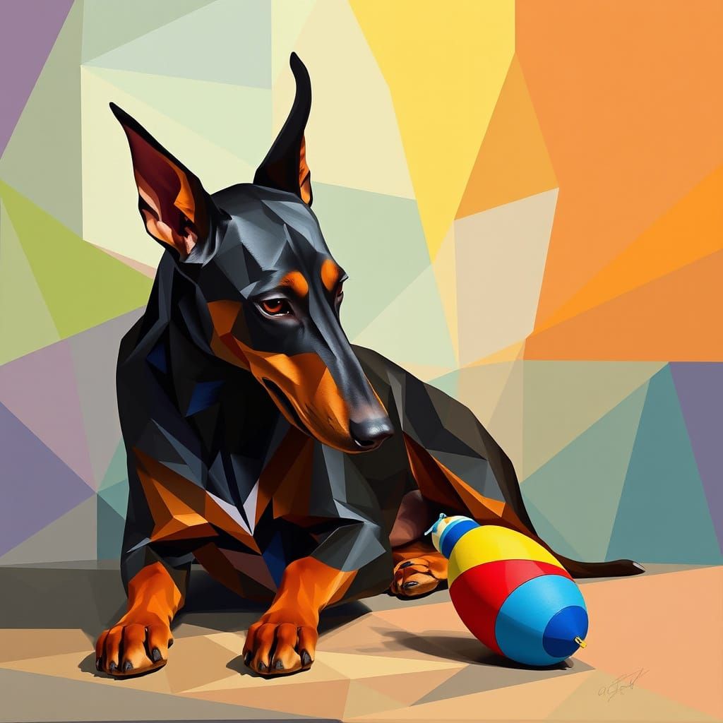 Dynamic Doberman Engages in Cubist Play