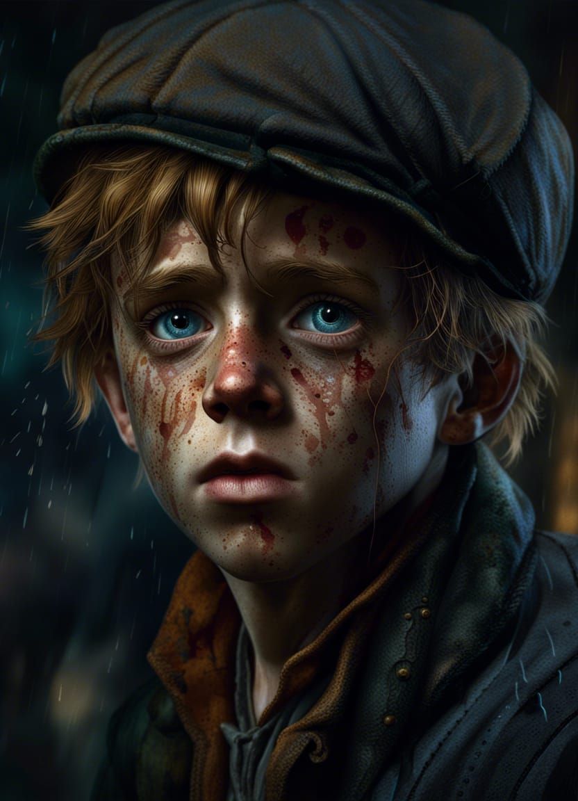Hyperrealistic Portrait of Oliver Twist in Tears