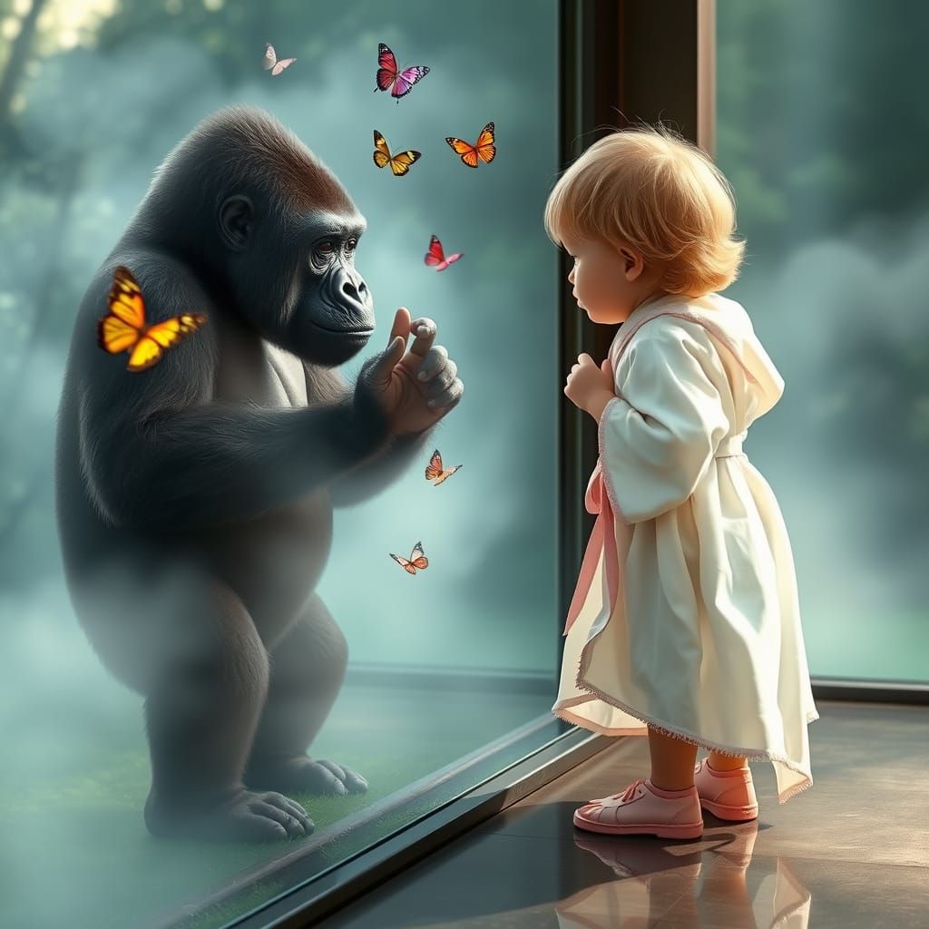 Surreal Landscape of a Young Child and Gorilla in a Dreamy, ...