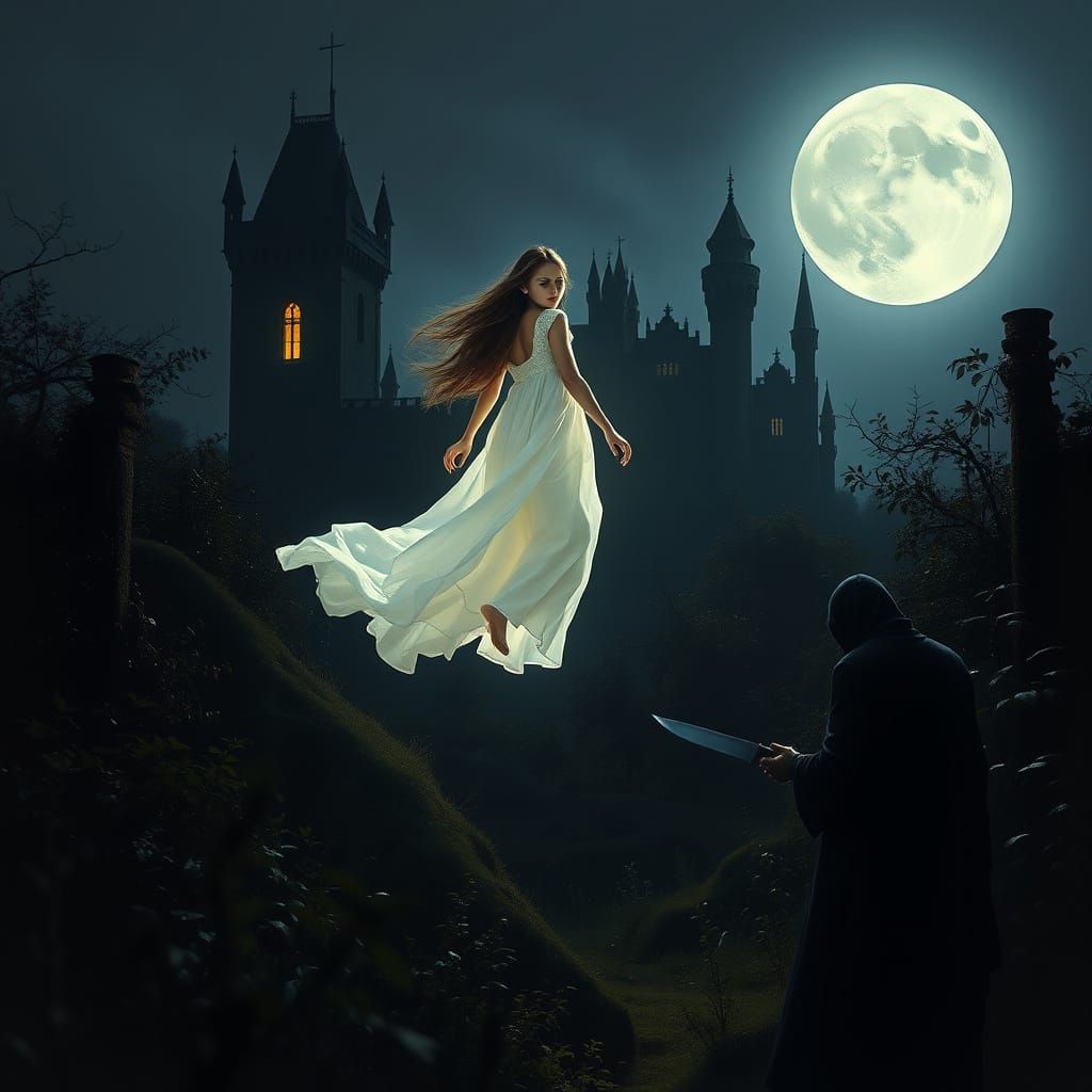 Girl Radiates Ethereal Glow Towards Dark Castle