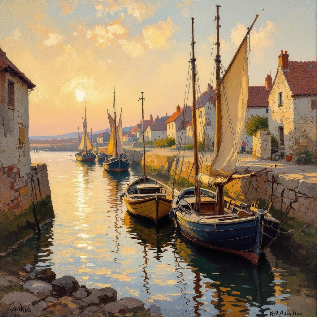 Impressionist Fishing Port Landscape in Golden Light
