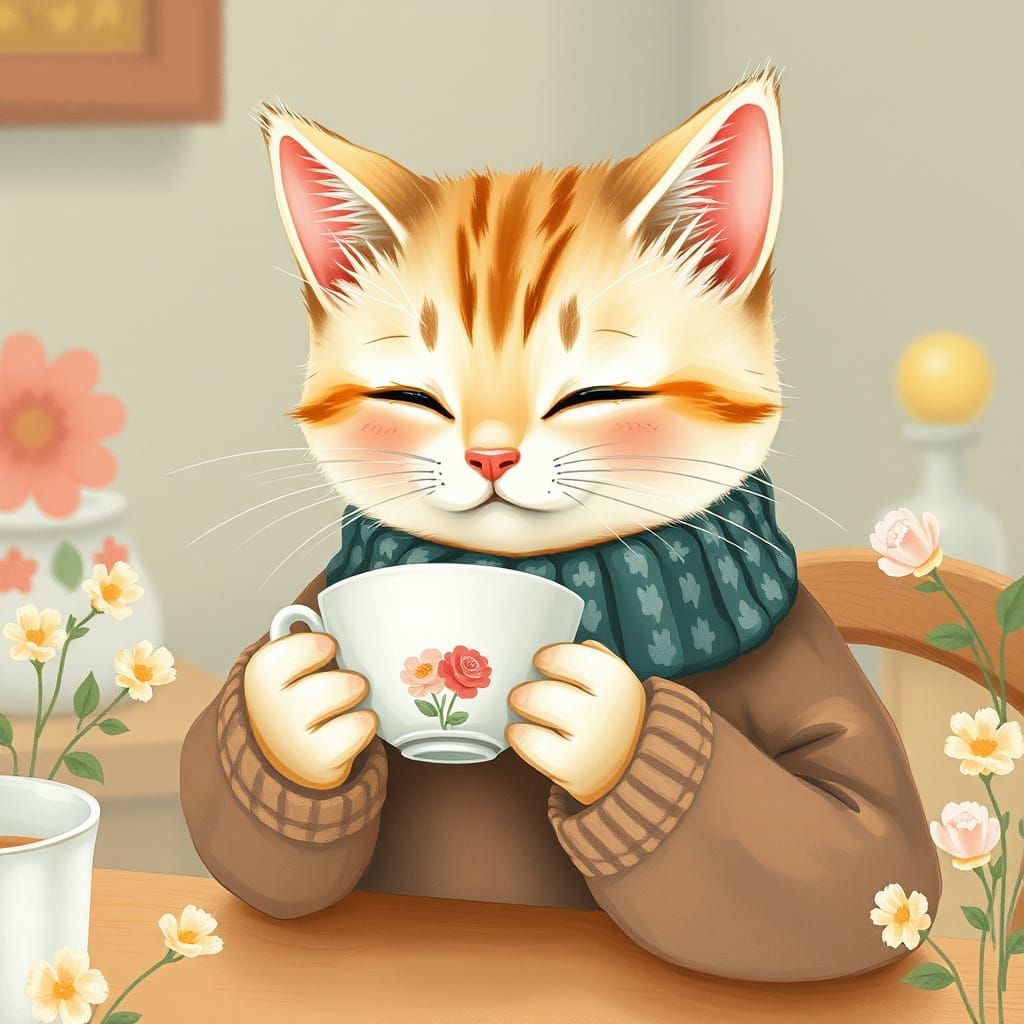Cat Sipping Tea in Watercolor Illustration Style