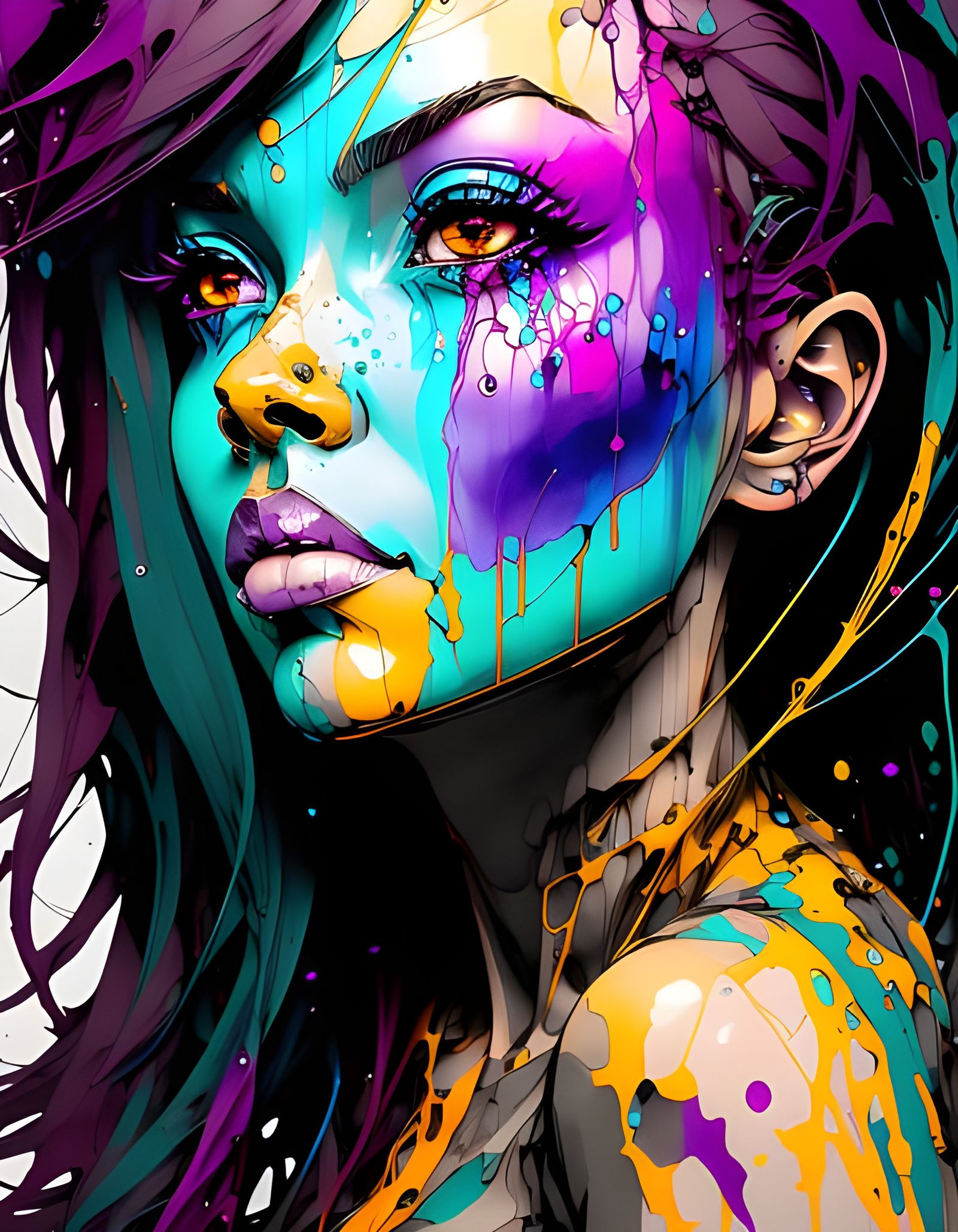 Colorful Ink Splash Portrait of a Crying Girl