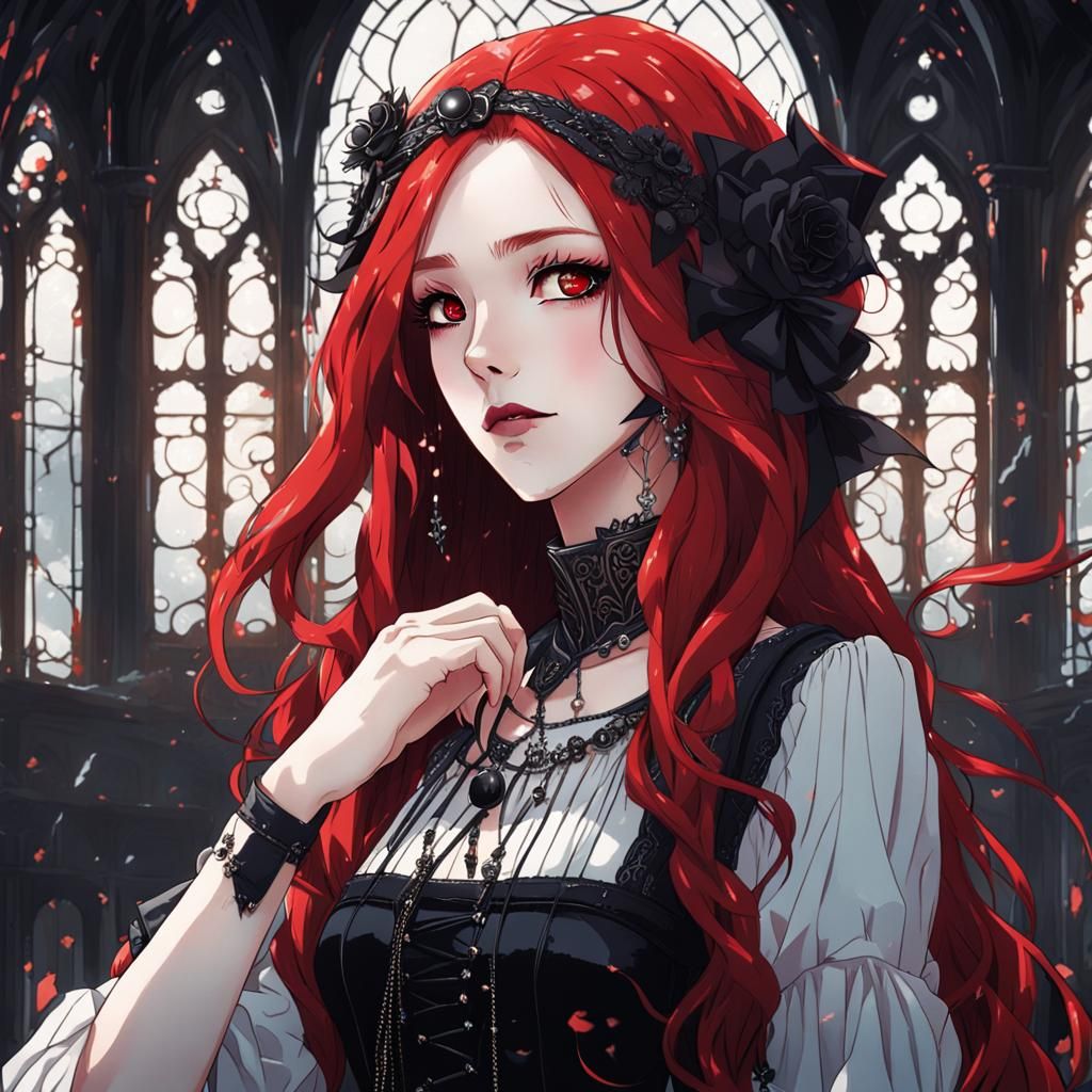 Gothic Girl with Red-Streaked Hair, Cel-Shaded Anime Style
