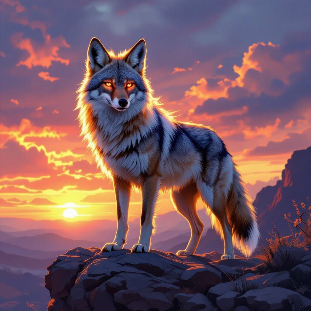 Coyote with Fiery Mane on Rocky Cliff at Sunset