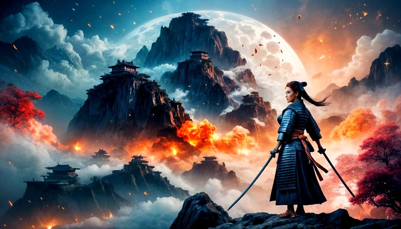 Ethereal Samurai Goddess in Cosmic Night Sky