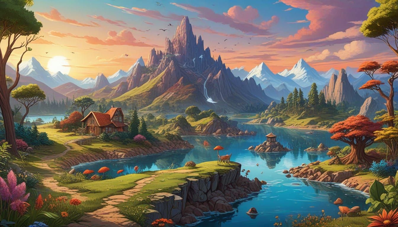 Vibrant Comic Book Landscape with Whimsical Creatures