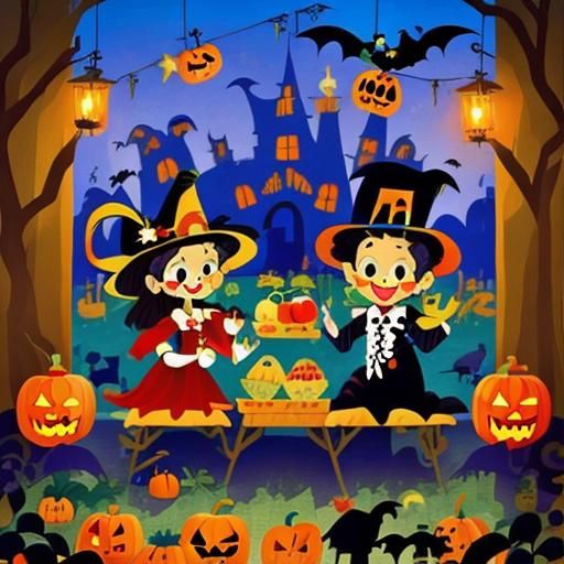 Children in costume bobbing for apples at a Halloween party with lots of spooky decorations. <lora:Bright and Basic:1.0>