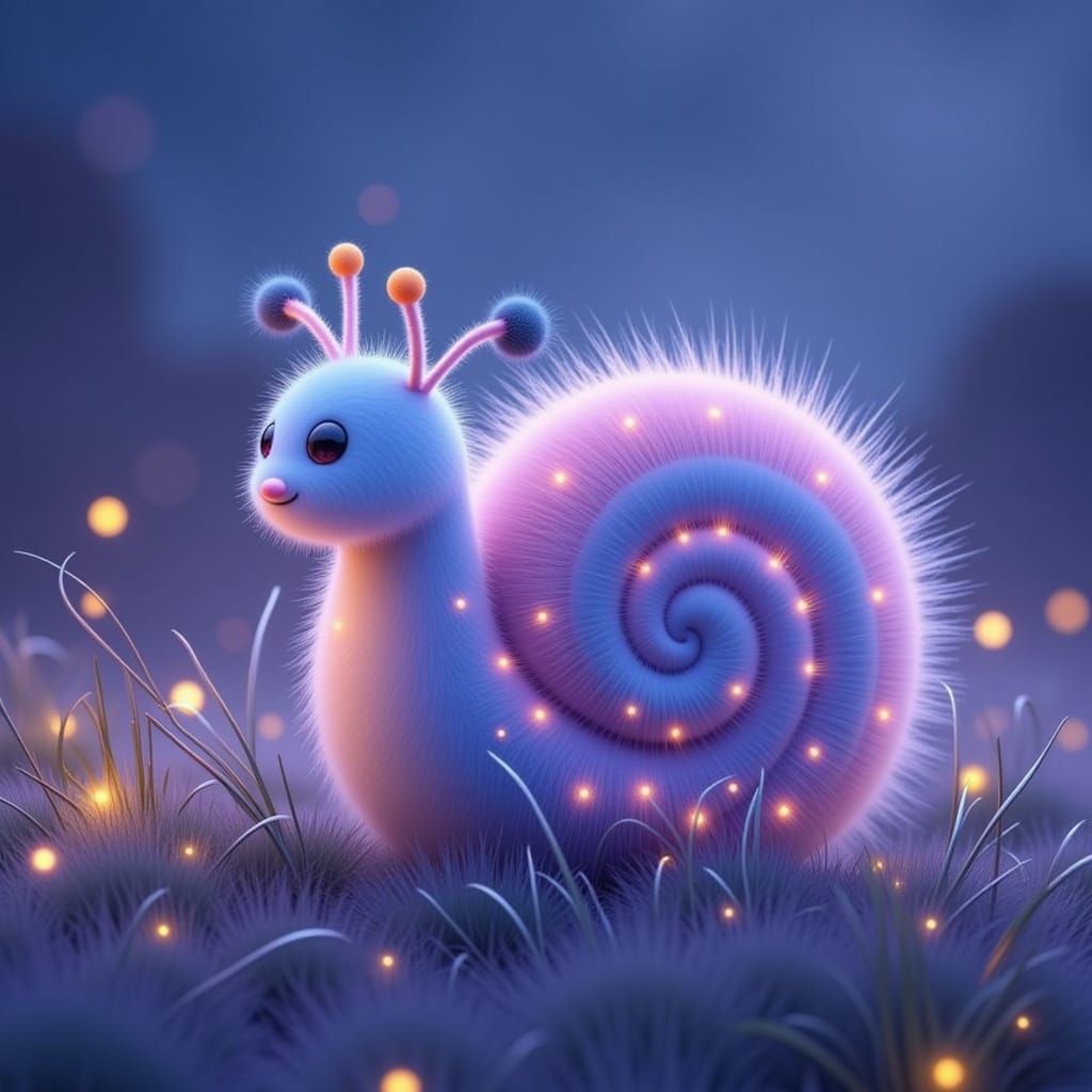 Fluffy Snail Creature in Star-Dusted Meadow