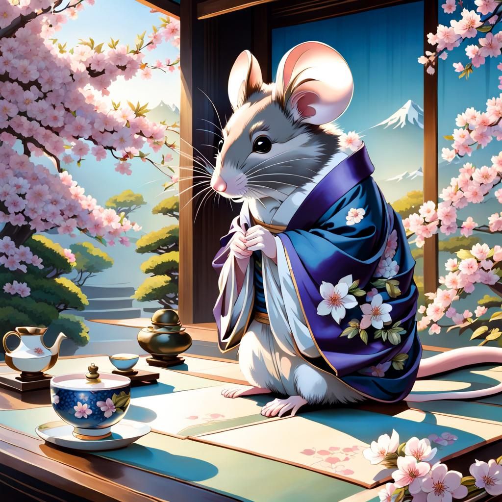 Mouse Geisha Tea Ceremony in Nihongo Art Style