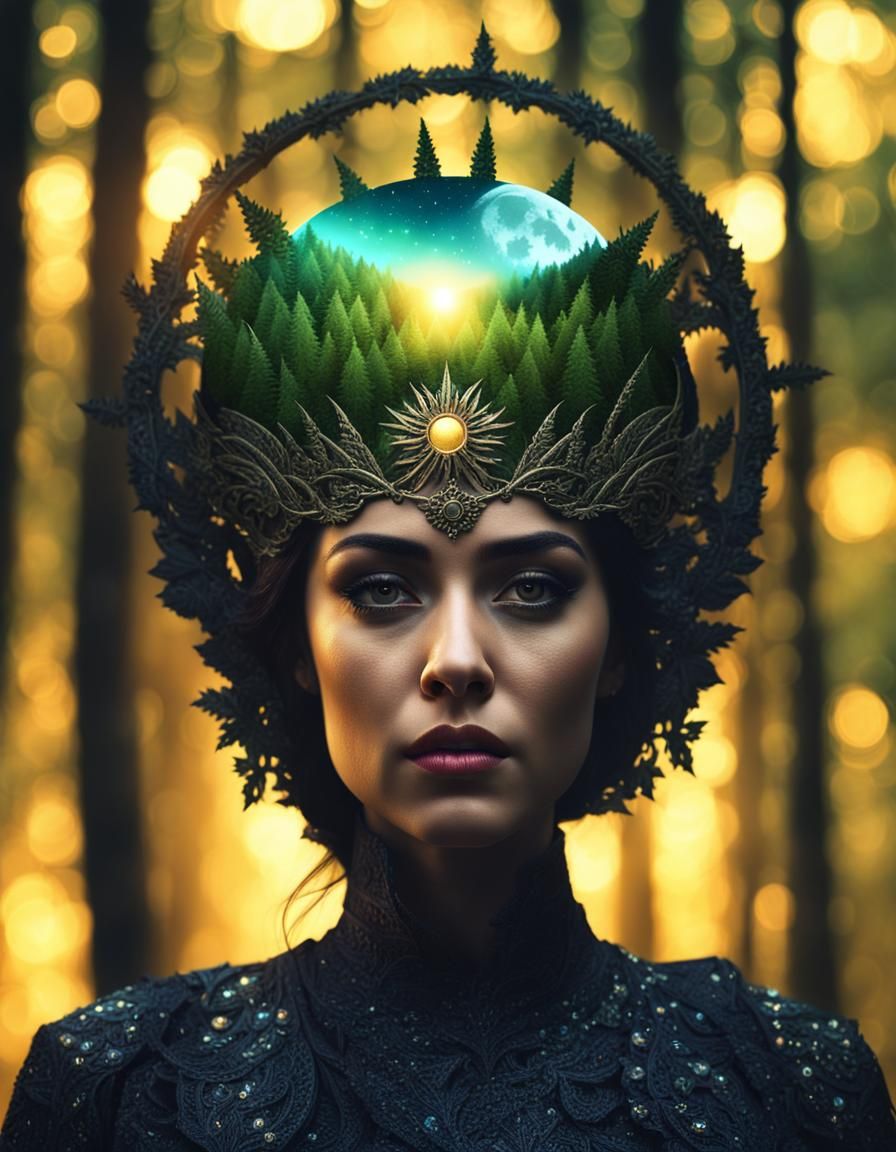 Dark Fantasy Woman Between Sun and Moon