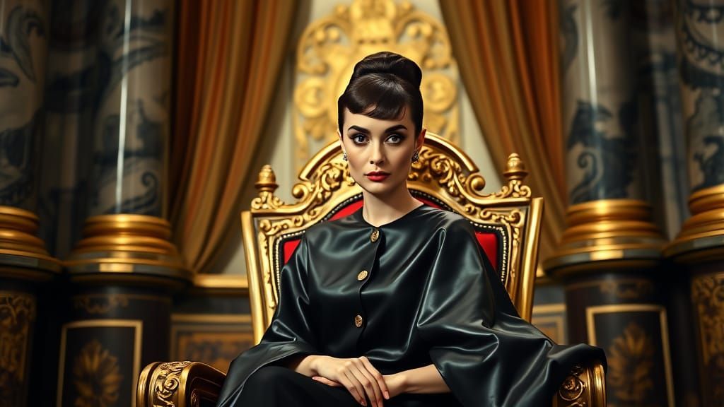 Regal Audrey Hepburn Commands Attention in Latex Cape