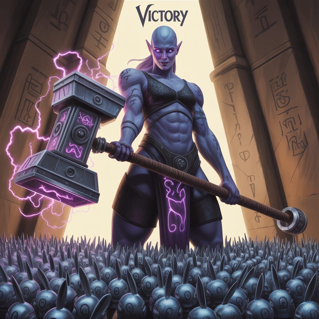 Drow Warrior Victorious Over Robot Rabbits
