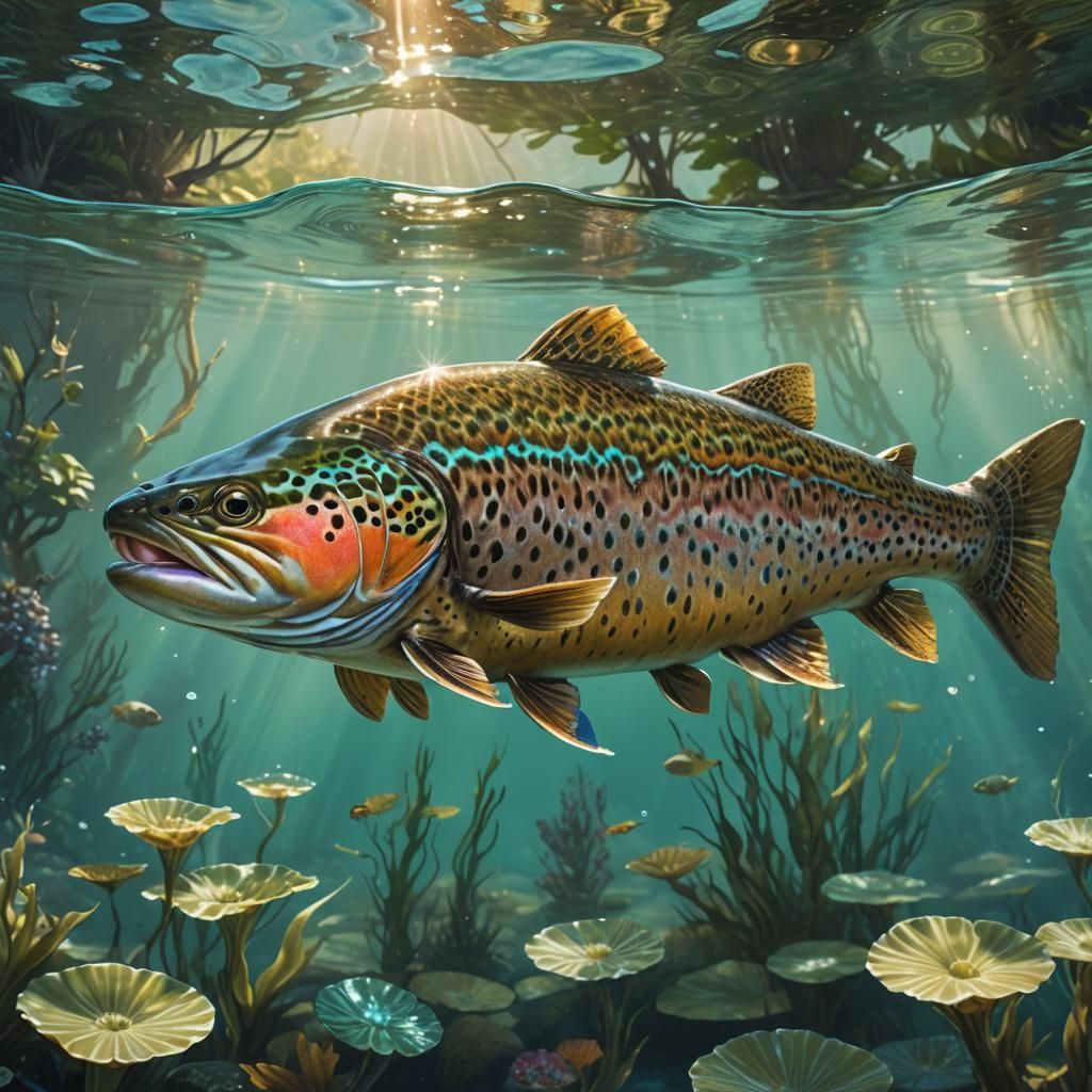 Gigantic Brown Trout in Emerald Lake: Photorealistic Art