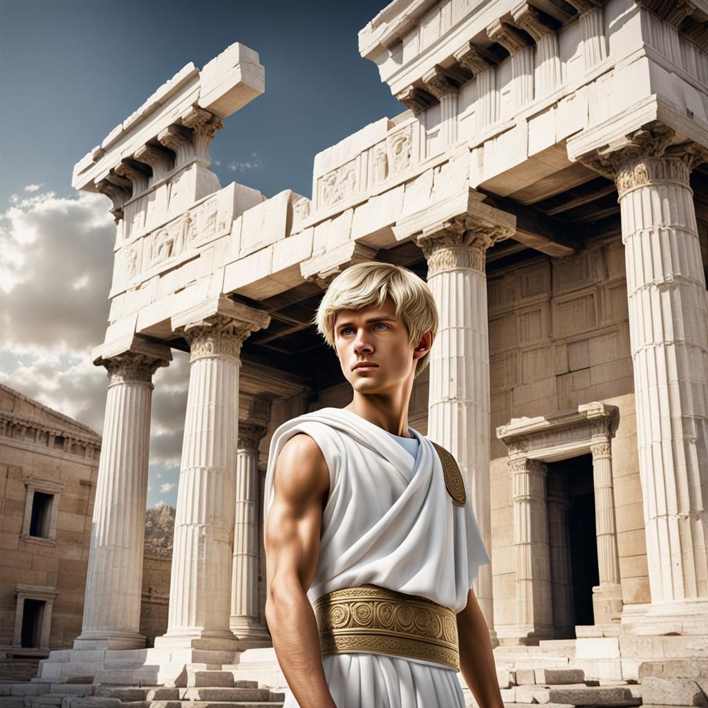 Hyperrealistic Blond Boy in Toga Before Greek Building
