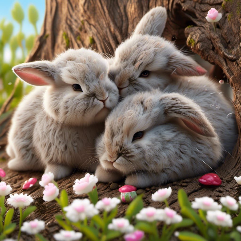Sleeping Baby Bunnies on Snowy Stump, Hyperrealism