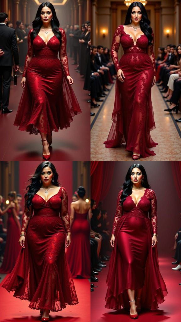 Elegant Woman in Crimson Dress on Runway