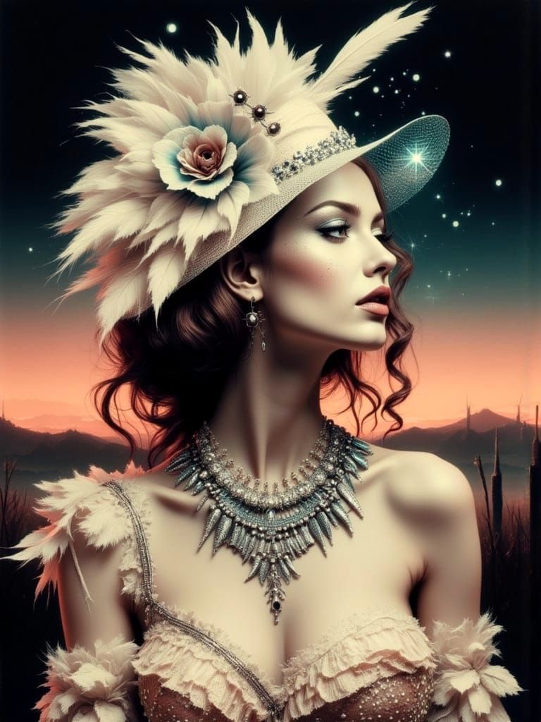 Glamorous Woman in Extravagant Hat on Moon