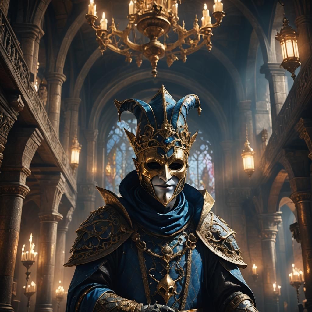 Medieval Jester in Dark Fantasy Hall: Digital Art
