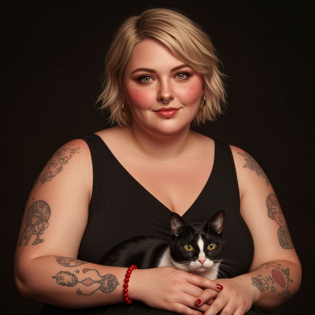 Photorealistic Woman with Blonde Hair and Cats in Golden Hou...