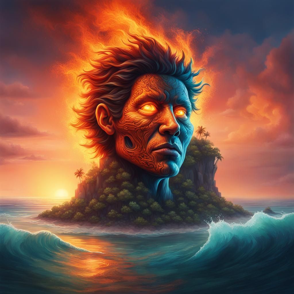 Fiery Spirit Over Deserted Island: Hyperrealistic Concept Ar...