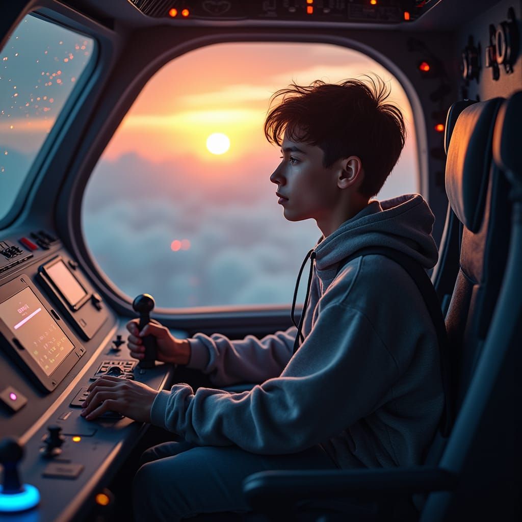 Futuristic Pilot Navigating Choices in Spaceship Interior