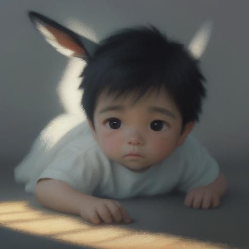 Impressionist Shadows: Boy and Bunny in Pastel