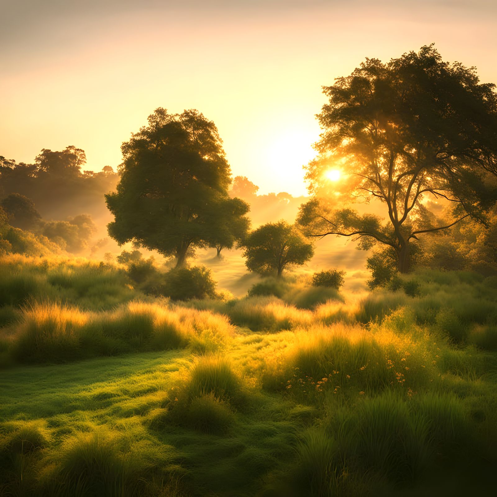 Foggy Sunrise over Grassy Parkland with Sun Rays