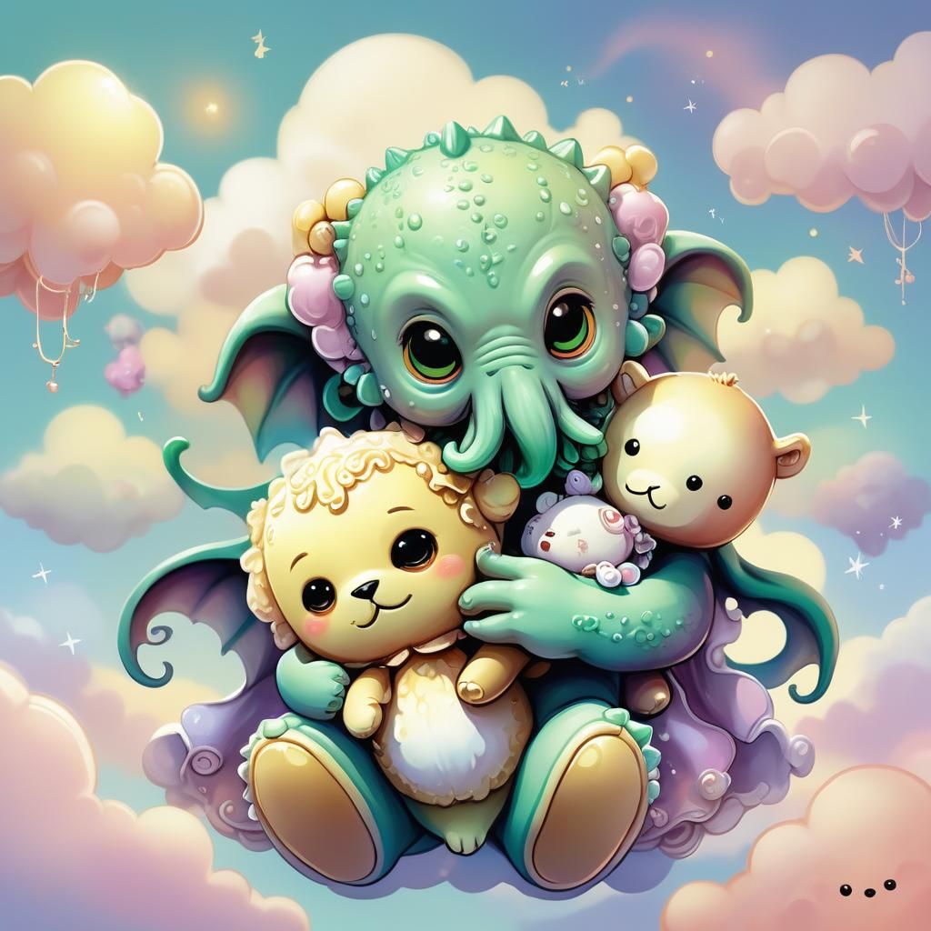 Chibi Cthulhu Hugging Teddy Bear in Kawaii Style