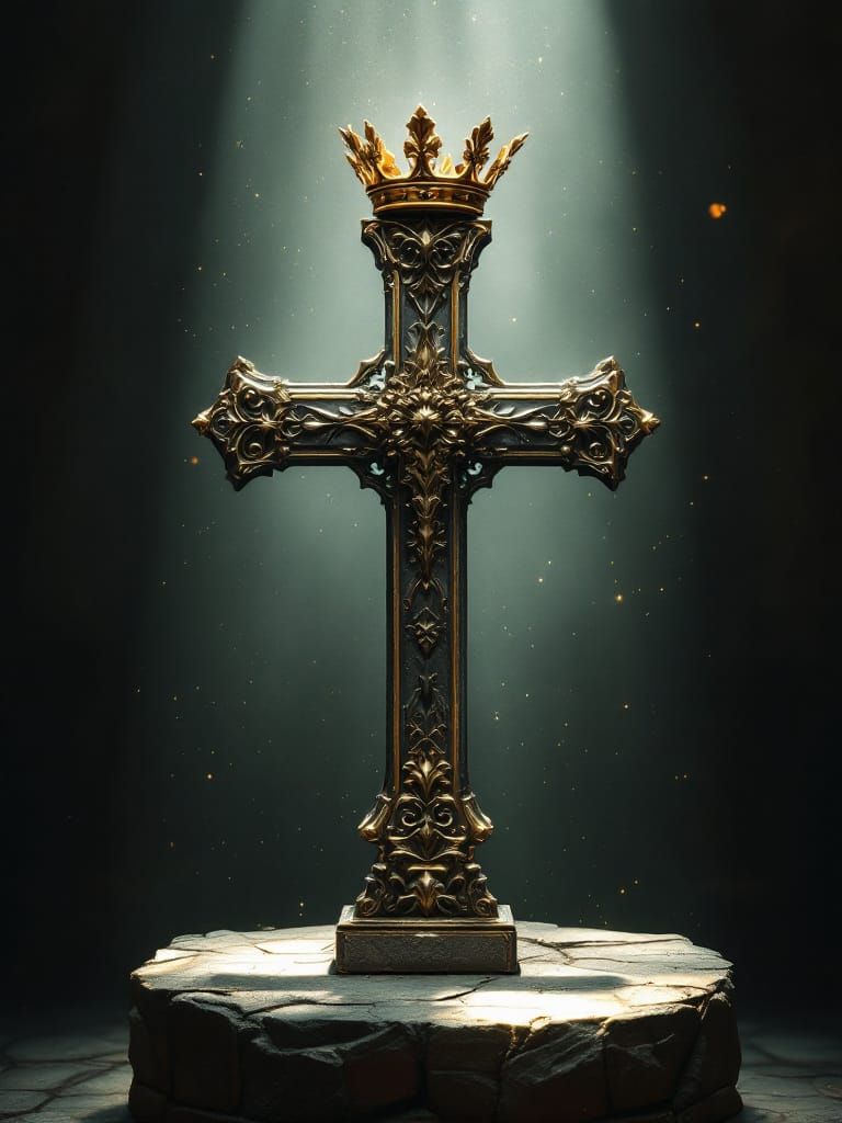 Ornate Silver Cross Crowned on Stone Altar