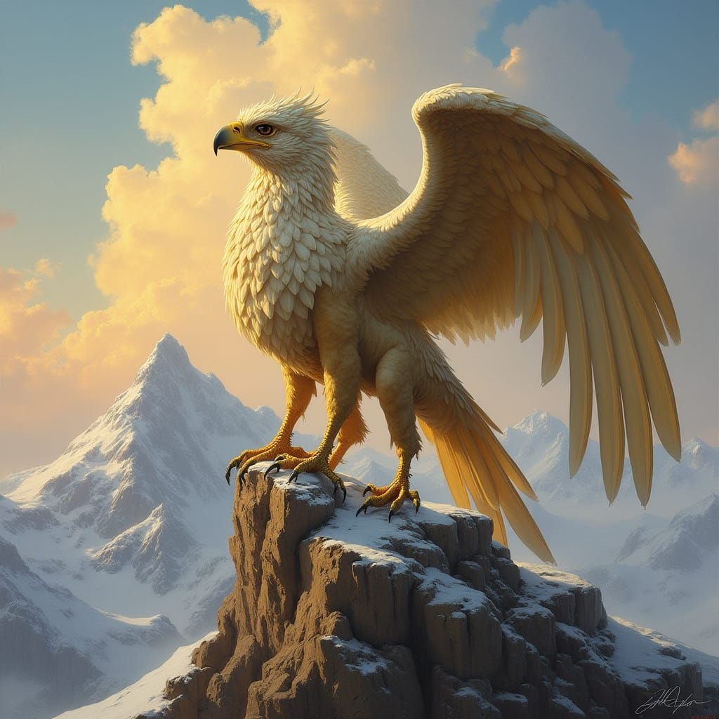 Majestic Griffin in Golden Light atop Snow-Capped Mountain P...