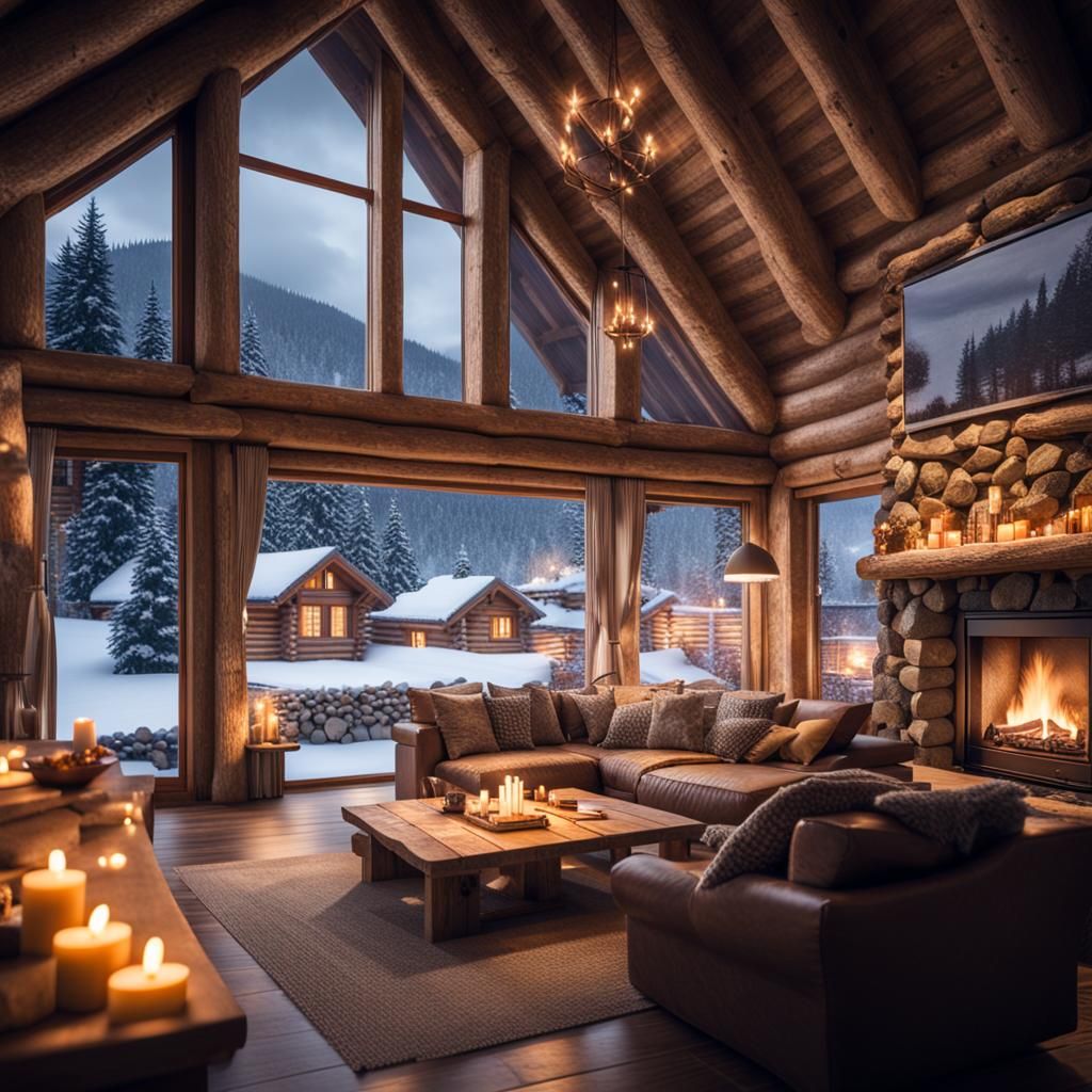 Cozy Log House in Snowy Alps: Photorealistic View