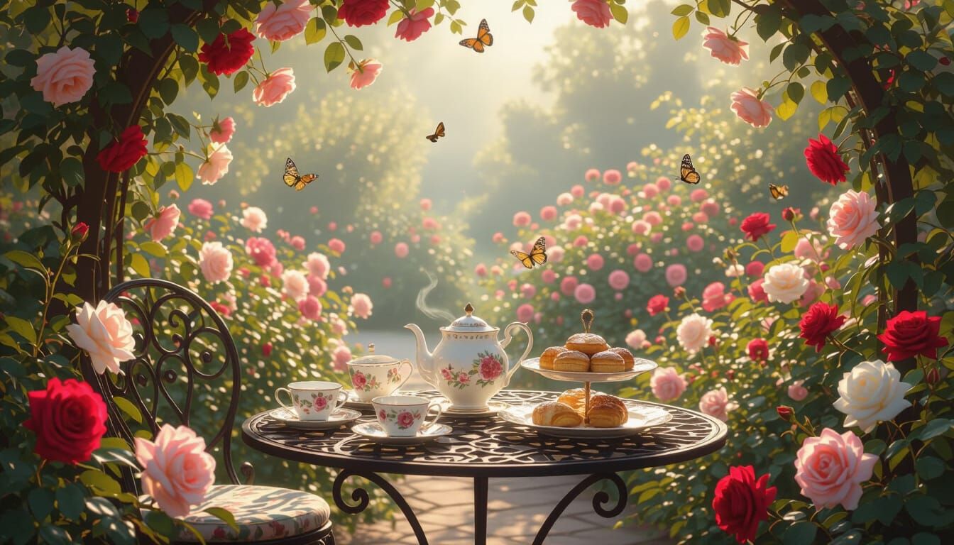 Serene Rose Garden at Golden Hour, Impressionist Style