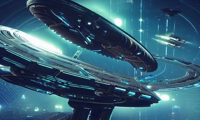 Cyberpunk Spacegate with Spaceships Ready for Battle