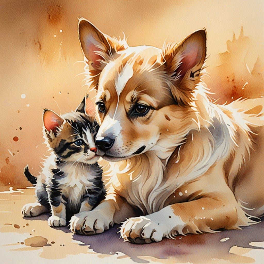 Dog and Kitten in Watercolor Style